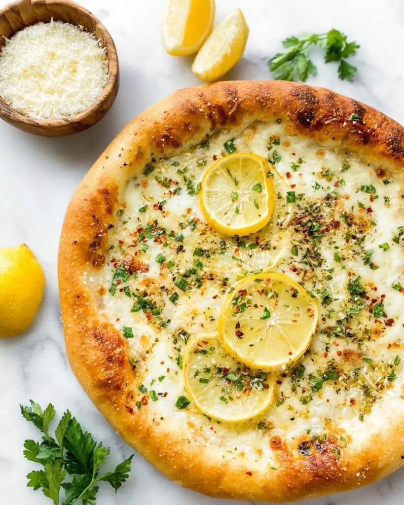 Lemon Pizza with Mozzarella, Garlic, Parsley, and Parmesan Recipe