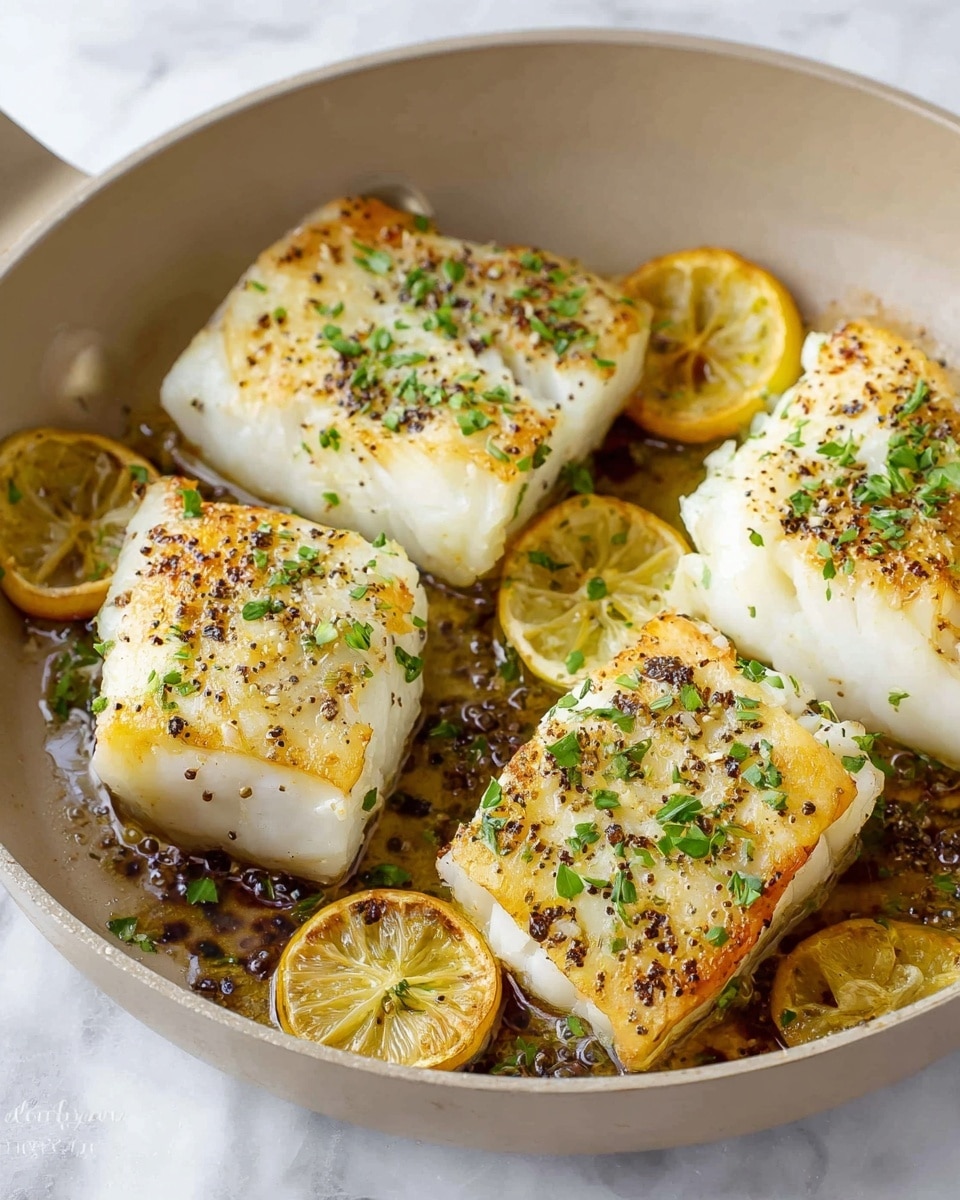 The image shows four pieces of lightly browned fish fillets in a light grey pan. Each fillet is topped with small bits of garlic and green chopped herbs, sprinkled with black pepper. Underneath and around the fillets, there are thin slices of cooked lemon, some with a slightly charred look. The pan is set on a white marbled surface. photo taken with an iphone --ar 4:5 --v 7