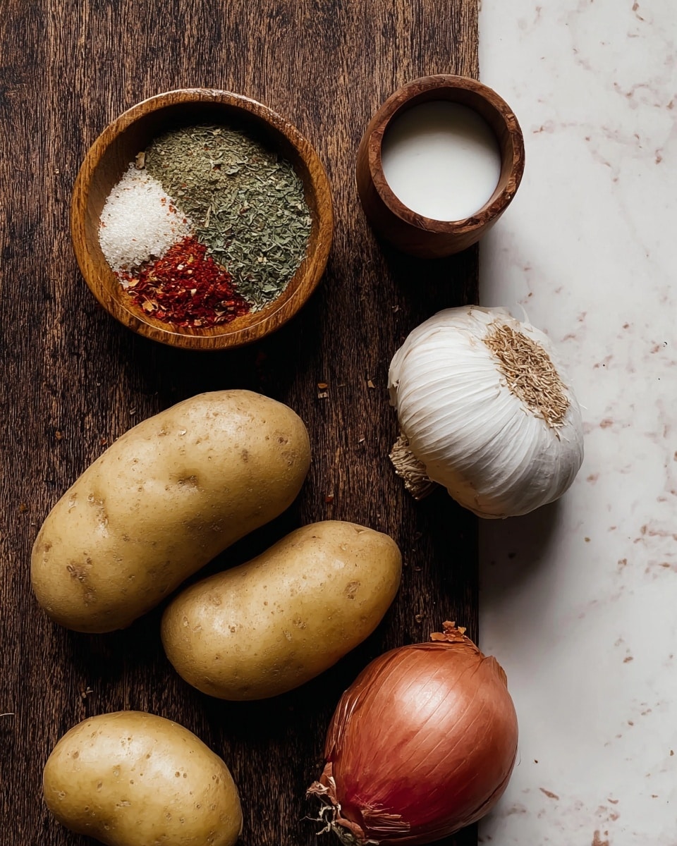 The image shows a dark wooden surface with several raw, light brown potatoes scattered around. There is a white garlic bulb with some of its dry stem intact near the top right. Next to the garlic is a white onion with a reddish tint and a dry stem. Above the onion and garlic is a small round wooden bowl filled with a mix of dried green herbs and red spices, divided into different sections within the bowl. To the upper right corner, there is a small wooden cup filled with white liquid. The background is a white marbled texture. photo taken with an iphone --ar 4:5 --v 7
