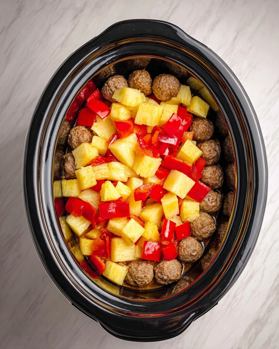 An oval black slow cooker filled with three visible layers: the bottom layer has brown round meatballs, the middle layer consists of bright yellow pineapple chunks, and the top layer is red bell pepper pieces mixed with more pineapple chunks, all set on a white marbled surface photo taken with an iphone --ar 4:5 --v 7
