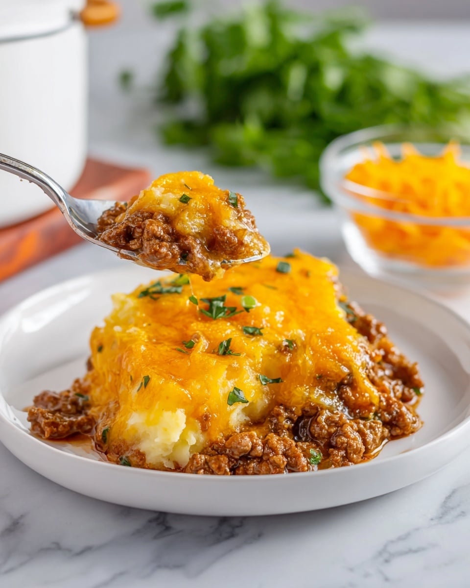The dish on a white plate has three main layers: the bottom layer is light golden with a smooth texture, likely mashed potatoes; the middle layer is a thick, brown, crumbly mixture, resembling cooked ground meat; the top layer is melted bright orange cheese that looks soft and gooey with some green herb bits sprinkled on top. A silver spoon is lifting a portion from the plate, showing all three layers together. The scene is set on a white marbled surface with fresh green herbs and a small glass bowl filled with more shredded orange cheese blurred in the background. Photo taken with an iphone --ar 4:5 --v 7