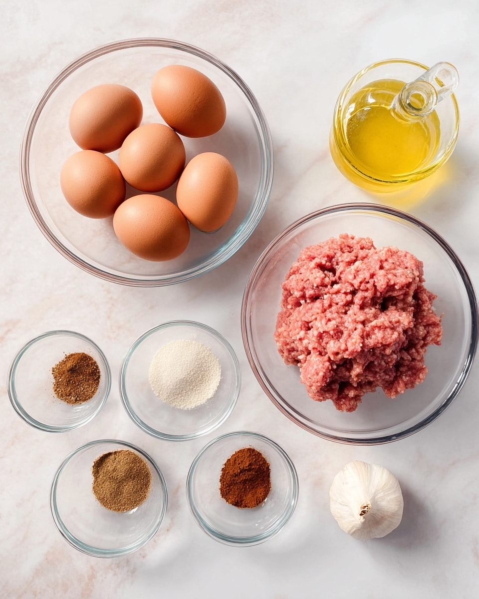 A collection of cooking ingredients is shown on a white marbled surface. There are three clear glass bowls: one large bowl filled with eight brown eggs, one medium bowl with a mound of ground pink meat, and one small bowl containing five different spices in separate piles displaying colors like light brown, dark brown, reddish, white, and grayish. Between the bowls, there is a small glass bottle filled with yellow oil, and a peeled white clove of garlic placed next to it. The lighting is bright and even, highlighting the textures of the ingredients. Photo taken with an iphone --ar 4:5 --v 7