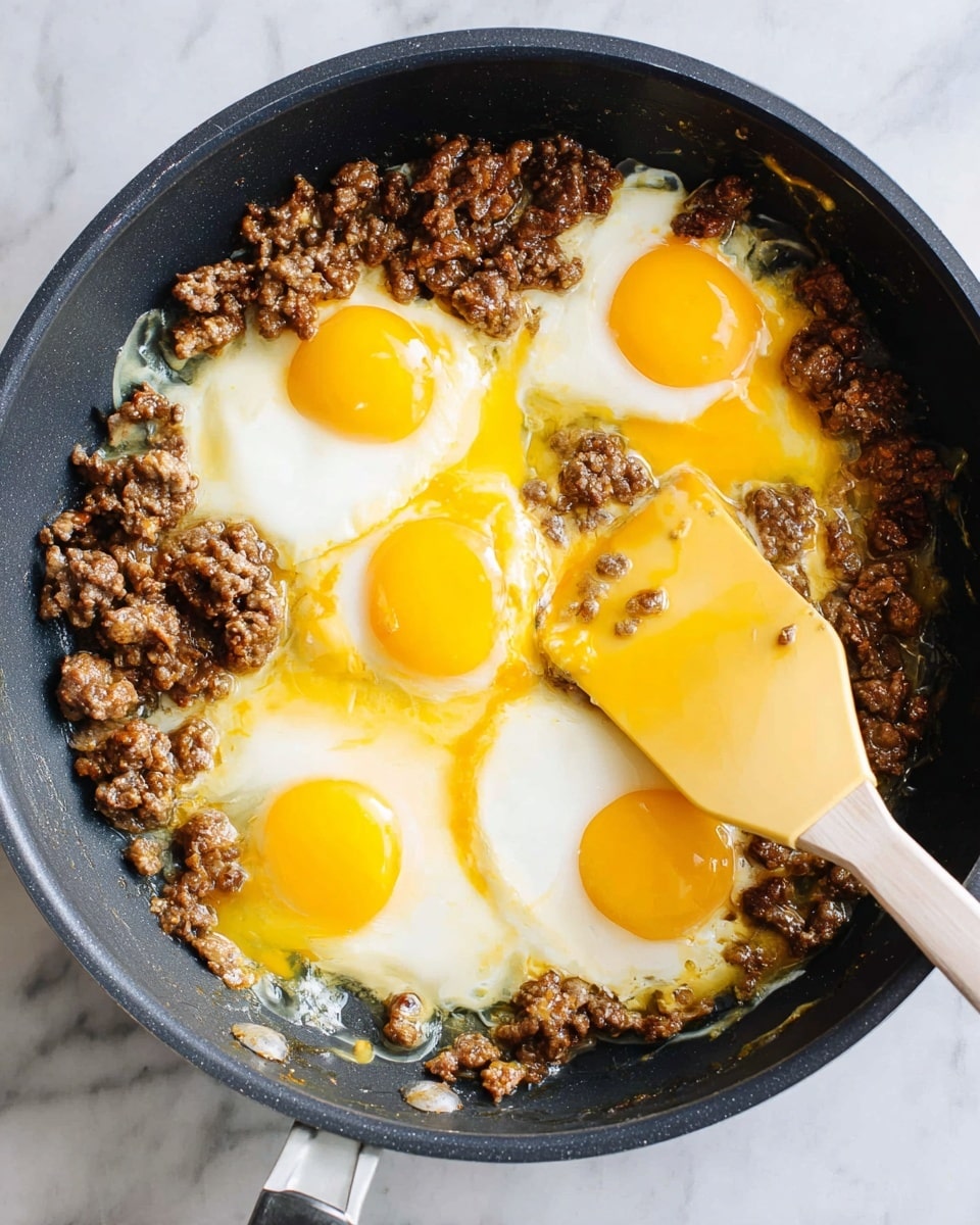 The image shows a black frying pan on a white marbled surface, containing four bright yellow egg yolks surrounded by soft, lightly cooked egg whites. Mixed in and around the eggs are pieces of browned ground meat with a crumbly texture. A pale yellow spatula with a white handle is positioned in the pan, slightly lifting some of the eggs and meat. The edges of the eggs have a glossy texture, and there is some sheen from cooking oil in the pan. Photo taken with an iphone --ar 4:5 --v 7