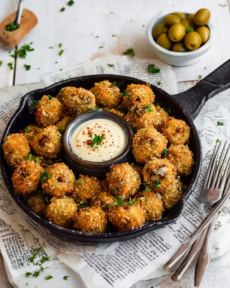 A white plate holds a pile of round, crispy balls with a crumbly, golden-brown coating, some pierced with small wooden toothpicks that have colorful tops in yellow, green, and pink. To the left side of the plate is a small white bowl filled with a creamy white sauce garnished with small green herbs. The background features a clean white marbled texture. photo taken with an iphone --ar 4:5 --v 7