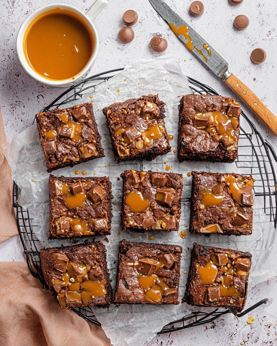 Nine square pieces of chocolate brownies are placed on parchment paper on a black cooling rack over a white marbled surface. Each brownie has a rich, dark brown base layer with a slightly cracked top texture, covered with melted chunks of caramel-colored chocolate and drizzled with a shiny layer of golden caramel sauce. Some pieces have visible small pools of caramel, adding a sticky glossy look. To the left, there is a small white bowl filled with smooth caramel sauce and scattered round chocolate pieces nearby. A wooden-handled knife lies at the top right over the parchment paper. Photo taken with an iphone --ar 4:5 --v 7