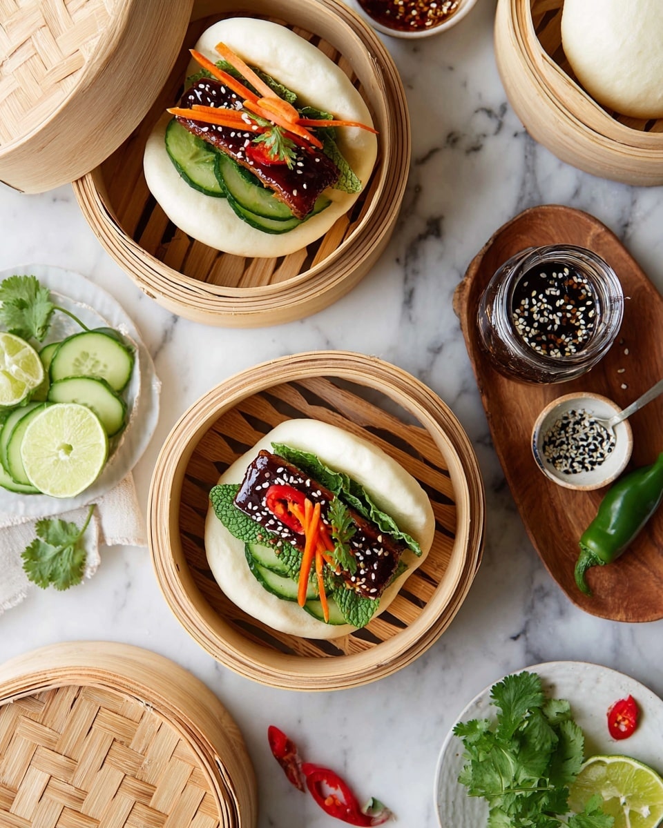Two white steamed buns are placed in a round bamboo steamer basket, with one bun open to show three layers inside: green mint leaves at the bottom, thin cucumber slices in the middle, and a shiny, dark-brown glazed rectangular piece topped with thin orange carrot sticks and small red chili slices, all sprinkled with black and white sesame seeds. Another round bamboo steamer basket holds one closed white bun and one open bun with the same layers on a white marbled surface. Around the baskets, there are lime wedges, fresh cilantro, a small white plate with green cucumber slices, a wooden dish with black and white sesame seeds, red chili peppers, and a small glass jar of dark sauce. Photo taken with an iphone --ar 4:5 --v 7