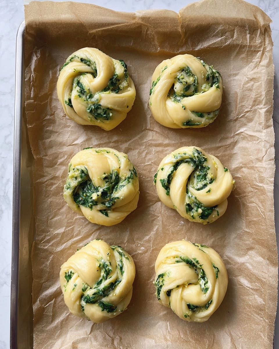Six round dough buns are placed on crumpled light brown parchment paper on a baking tray. Each bun is twisted and folded, showing layers of pale yellow dough mixed with green leafy filling that looks like spinach or herbs. The dough is shiny as if brushed with oil or butter. The buns are arranged in two rows of three, evenly spaced. The baking tray rests on a white marbled surface. photo taken with an iphone --ar 4:5 --v 7