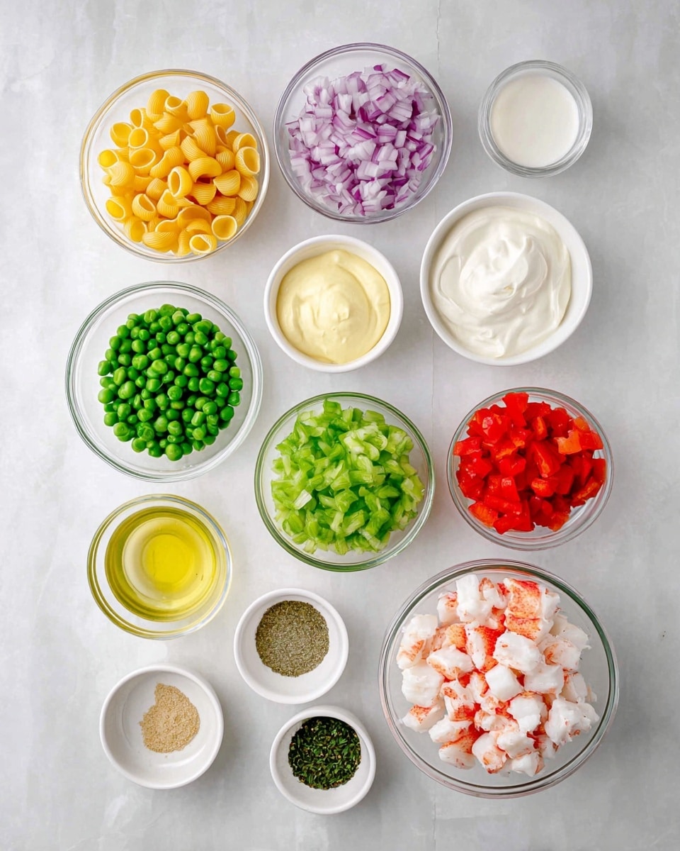 The image shows a collection of small white bowls on a white marbled surface, each filled with different ingredients arranged in a neat grid. From top left to bottom right, there is a bowl of small yellow pasta shells, a ¼ cup bowl of finely chopped purple onions, a clear bowl with creamy white yogurt, a small bowl of light yellow mayonnaise, a clear bowl with finely chopped green celery, a small clear bowl with light yellow lemon juice, a 1 cup bowl filled with bright green peas, a small white bowl with light brown seasoning, a small white bowl filled with green dried herbs, a clear bowl with diced crab sticks that are white and red, and a clear bowl filled with finely chopped red bell pepper. The composition is clean and organized, with all ingredients clearly visible. photo taken with an iphone --ar 4:5 --v 7
