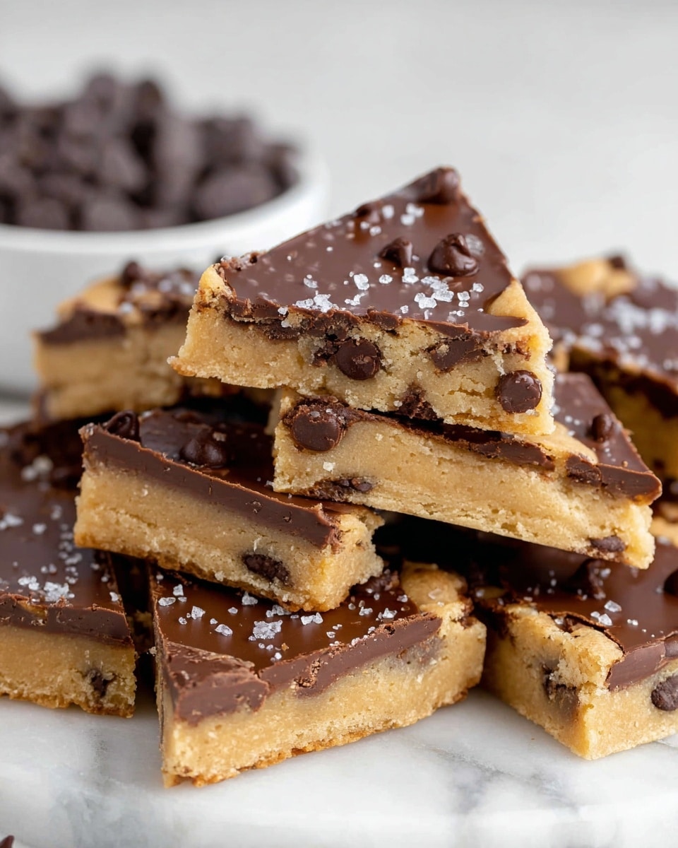 This image shows a pile of broken chocolate chip cookie bars with a shiny dark chocolate layer on top. The bars have two clear layers: a thick, light golden brown cookie layer with visible chocolate chips inside, and a smooth, rich dark brown chocolate layer above it, sprinkled with small bits of white sea salt. The pieces are in different shapes, mostly triangles and rectangles, stacked on a white marbled surface. The texture of the cookie layer looks soft and crumbly, while the chocolate layer is firm and glossy. In the background, there is a blurred white bowl filled with chocolate chips. Photo taken with an iphone --ar 4:5 --v 7