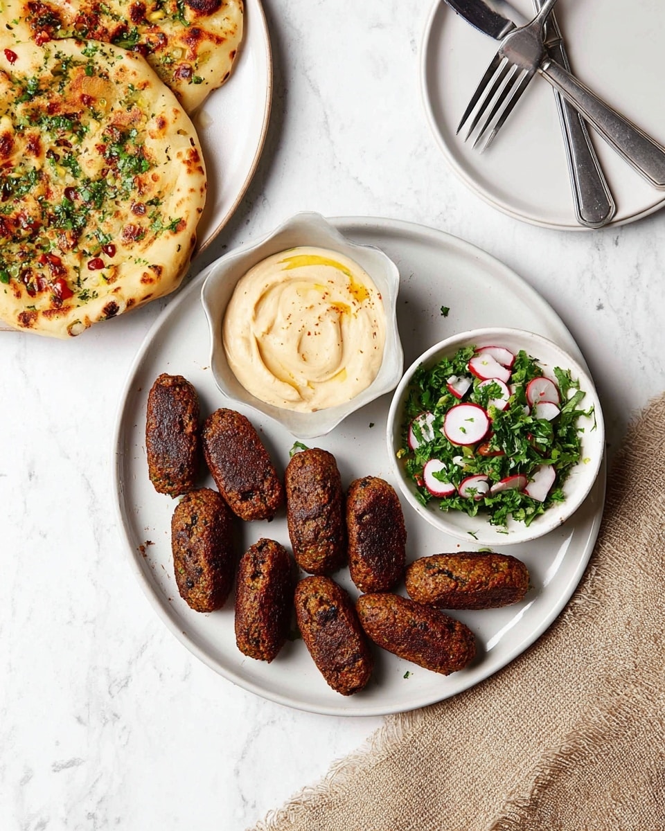 A large white plate with ten dark brown, oval-shaped falafel pieces arranged in a curved line on the bottom and left side of the plate. Two small white bowls sit on the top right of the plate: one filled with a creamy, light beige sauce with smooth texture, and the other with a fresh mix of chopped green herbs and small red and white radish pieces. Above this plate, there is another white plate with two round naan breads, light golden with darker toasted spots, sprinkled with small green herb bits and tiny red flakes. To the top right of the image is an empty white plate holding a fork and knife crossed over each other. All plates sit on a white marbled surface with a textured beige cloth at the bottom right. Photo taken with an iphone --ar 4:5 --v 7