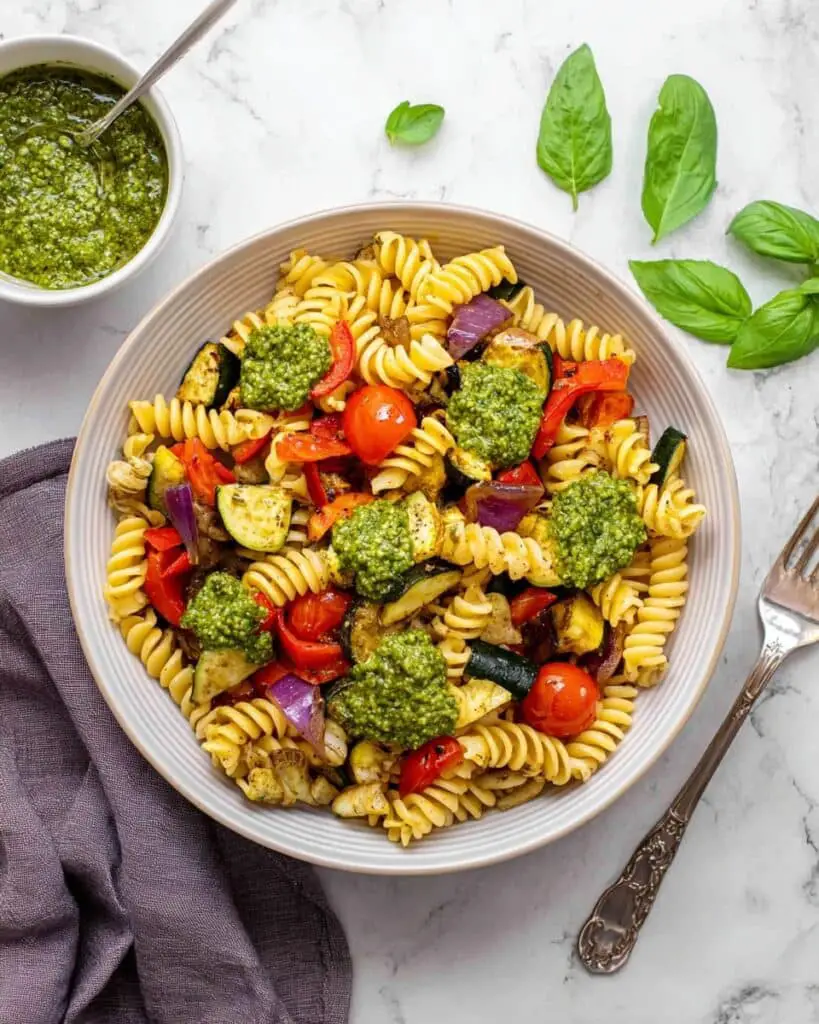 Halloumi Pasta with Roasted Vegetables and Pesto Recipe