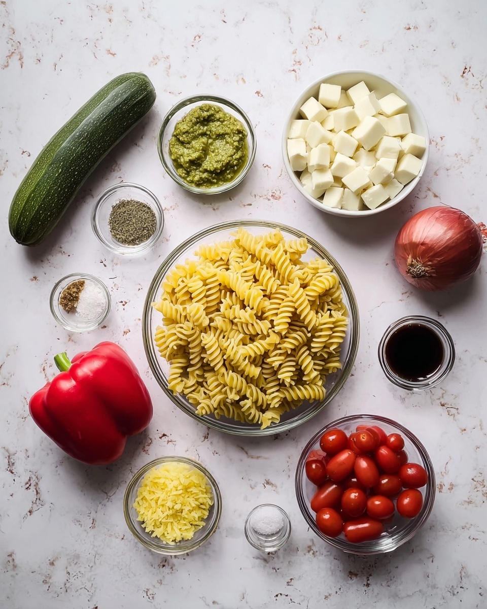 The image shows various ingredients arranged neatly on a white marbled surface. In the center, there is a clear glass bowl filled with uncooked yellow spiral pasta. Surrounding it are smaller bowls and whole vegetables: a white bowl near the top right contains white cheese cubes, a clear bowl at the bottom right holds red grape tomatoes, and a small bowl above the pasta has green pesto sauce. To the left, there is a whole zucchini, a red bell pepper, and a small bowl with yellow minced garlic. Other small clear bowls contain dried herbs, salt, and a dark liquid, possibly vinegar, with a whole red onion near the top right. Everything is arranged with lots of space between each item, showing clear colors and textures. Photo taken with an iphone --ar 4:5 --v 7