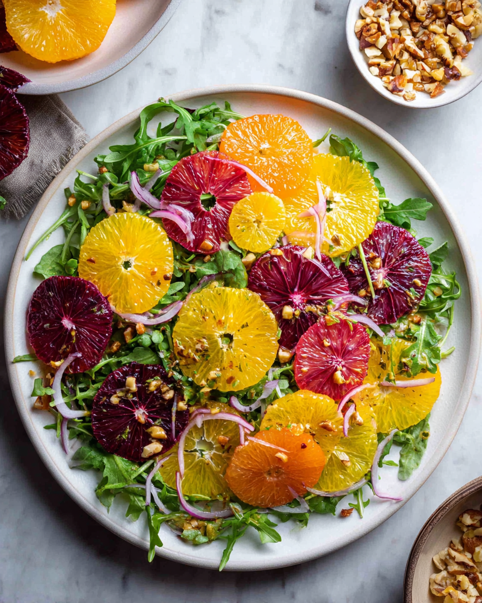 A white plate holds a layered citrus salad arranged on a white marbled surface. The bottom layer is fresh green arugula leaves spread evenly across the plate edge to edge. On top are thin, round slices of various citrus fruits including bright yellow lemon, vibrant orange orange, and deep red blood orange, all mixed and spread out across the arugula. Scattered lightly over the citrus slices are thin curls of purple-red onion rings, adding more color and texture. In the top right corner near the plate is a small white bowl filled with chopped nuts. The scene is bright and colorful with a natural, fresh look, photo taken with an iphone --ar 4:5 --v 7