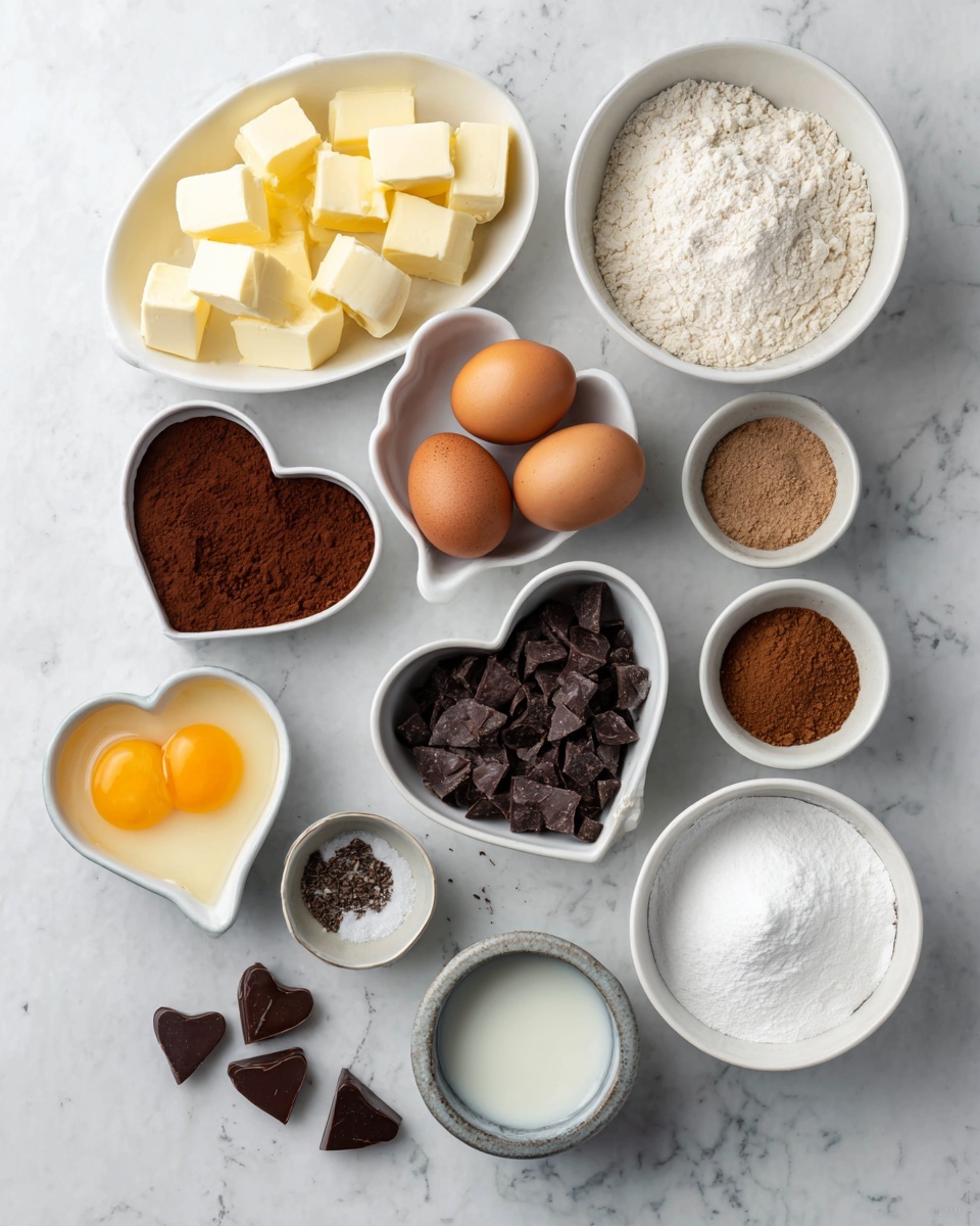 On a white marbled surface, there are eleven white bowls and dishes holding different baking ingredients arranged in a loose grid. Top left is an oval dish with light yellow butter cubes. Next to the right is a round bowl with three brown eggs. Below the butter is a small round bowl with two cracked eggs showing bright yellow yolks in clear whites. To the right of the cracked eggs is a heart-shaped dish with dark brown cocoa powder. Below the cocoa powder is another heart-shaped dish filled with dark chocolate chips and small chocolate chunks. To the right of the chocolate chips is a small round bowl with light brown cinnamon powder. Above it to the right is a white bowl full of light beige flour. Beside the cinnamon powder to the right is a very small bowl with black pepper. Under the cinnamon bowl is a white round bowl with white milk. Bottom right is a grey ceramic bowl with white sugar. Below the sugar bowl is a small deep dish with dark liquid vanilla. Bottom left is a small bowl with one cracked egg yolk and some ground spices. Three small heart-shaped chocolate pieces sit on the marbled surface near the bowls photo taken with an iphone --ar 4:5 --v 7