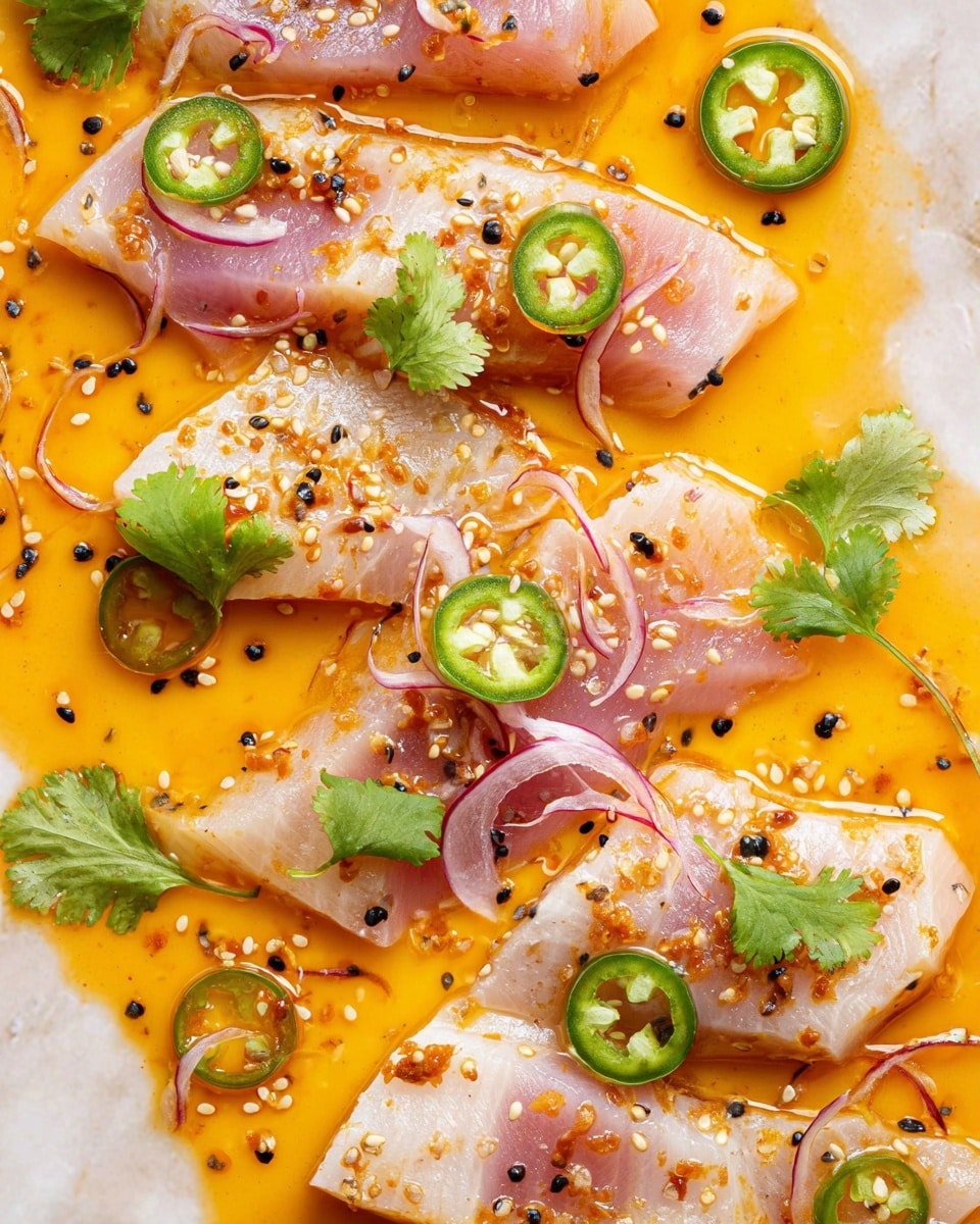 This image shows thin slices of pale pink fish laid flat in a shallow pool of bright orange sauce. Each slice has thin green jalapeño rings and delicate translucent red onion rings on top, with small green cilantro leaves scattered across. Tiny black and white sesame seeds, along with coarse salt flakes, add texture and color contrast across the fish and sauce. The glossy sauce shimmers under light, highlighting the freshness of the raw fish on a white marbled surface. photo taken with an iphone --ar 4:5 --v 7