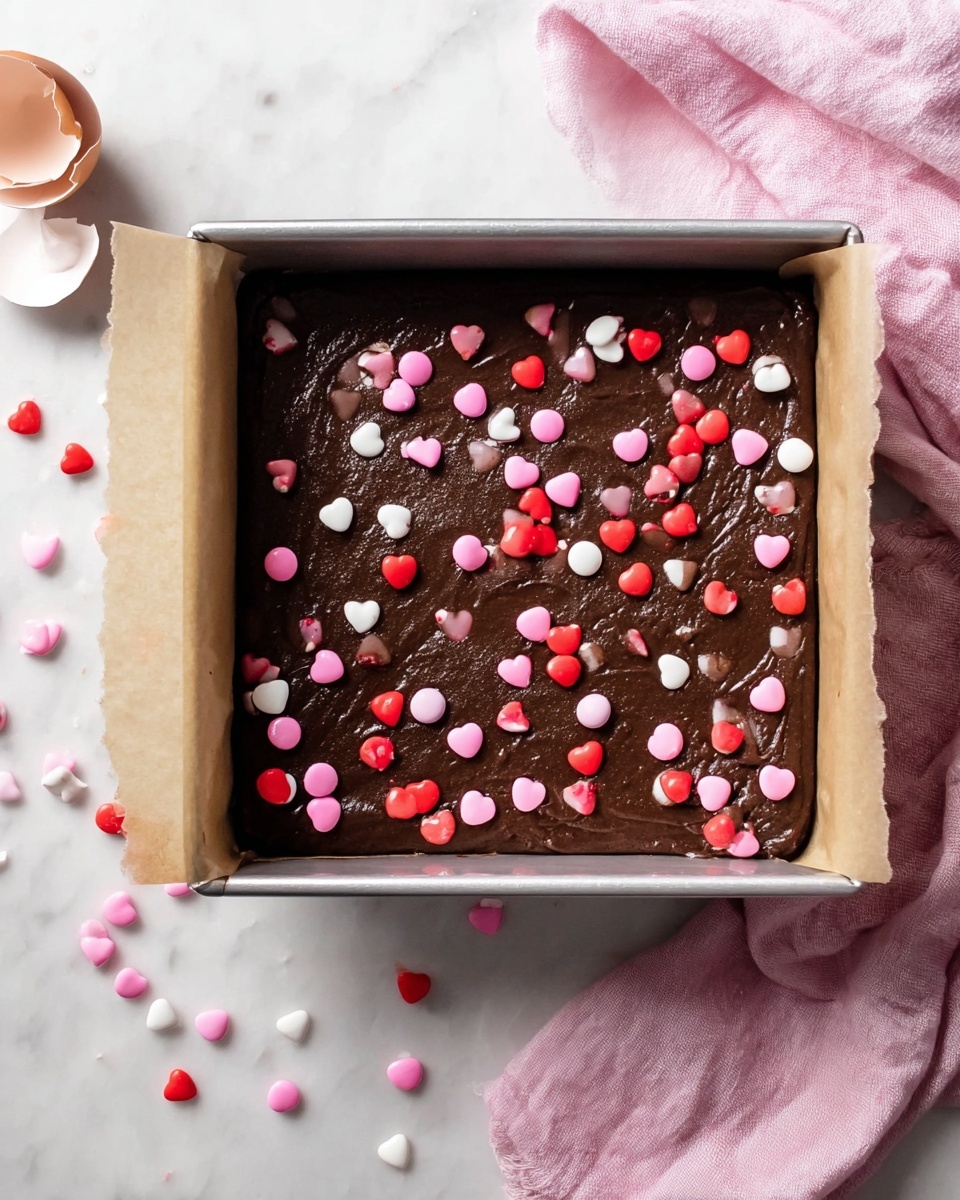 A square metal baking pan lined with parchment paper holds a single thick layer of dark brown chocolate batter topped with scattered candy-coated chocolates in red, pink, light pink, and white colors. Some candies have spilled out onto the white marbled surface around the pan. On the right side, part of a soft pink cloth is visible. In the top left corner, a cracked eggshell sits on the white marbled surface. Photo taken with an iphone --ar 4:5 --v 7