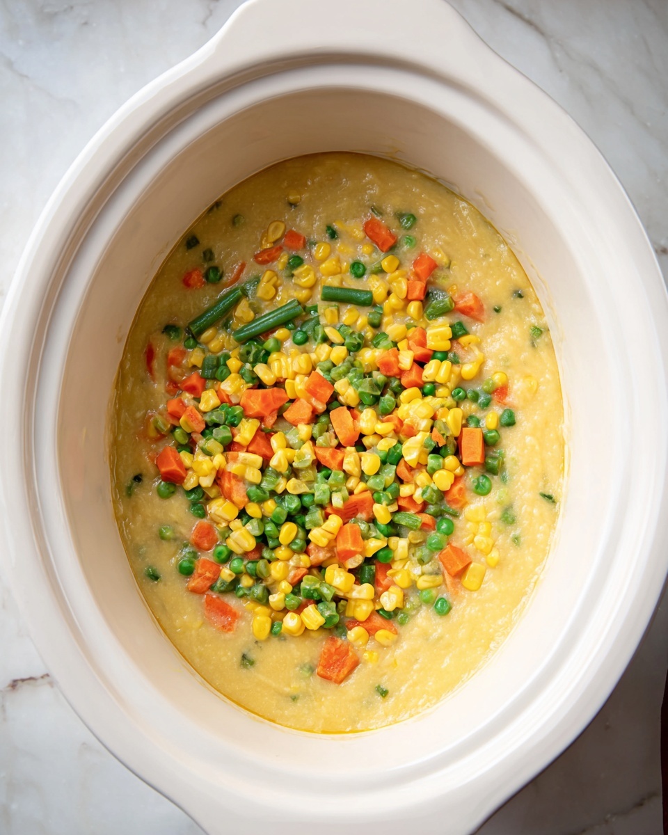Inside a white slow cooker, there are two layers visible: the bottom layer is a smooth, thick light yellow sauce with a creamy texture, and on top is a colorful mix of diced frozen vegetables including green beans, peas, corn, and carrots. The vegetables add a bright contrast with green, orange, and yellow tones over the sauce. The slow cooker sits on a white marbled surface. Photo taken with an iphone --ar 4:5 --v 7