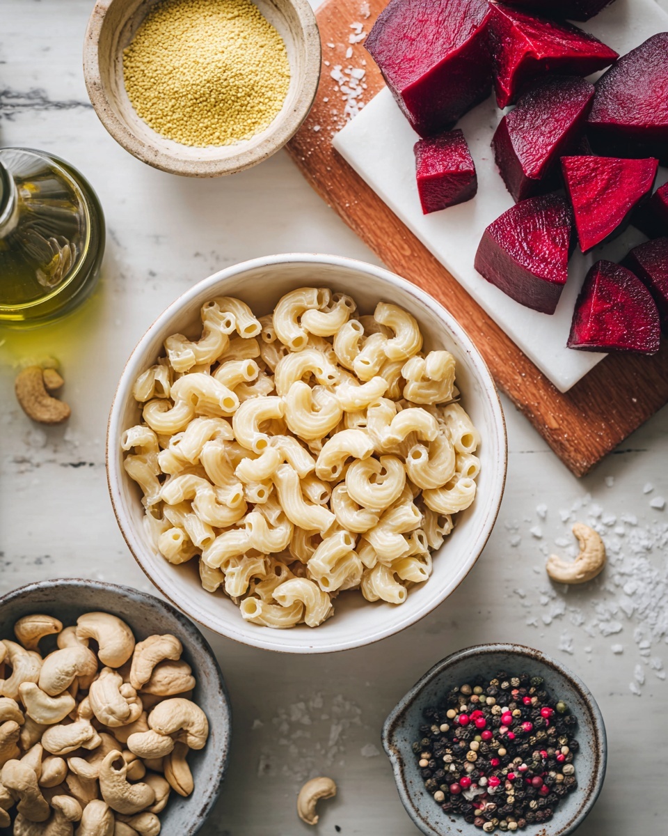 A white bowl filled with dry elbow macaroni pasta sits in the center on a white marbled surface. To the top right, a white marble board holds several large pieces of dark red raw beetroot, cut into wedges. To the top left, a small beige bowl contains yellow powder, likely nutritional yeast. Below the bowl of powder, there is a small bottle filled with greenish oil. Bottom left shows a small white plate piled with whole cashew nuts. Bottom right contains a small gray bowl with mixed black, white, and pink peppercorns. Scattered around the items are a few elbow macaroni pieces and coarse salt crystals on the surface. photo taken with an iphone --ar 4:5 --v 7