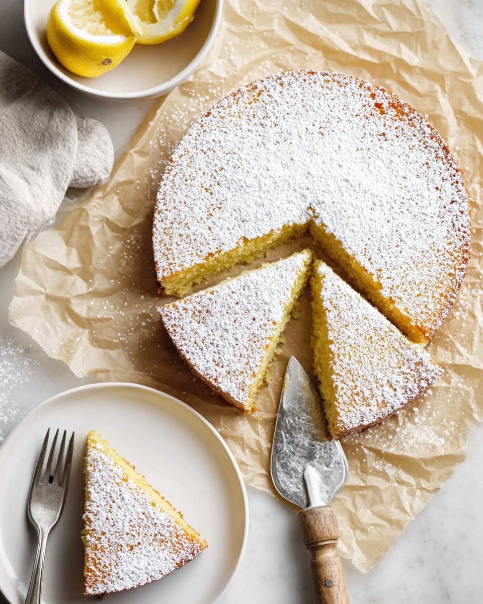 A round lemon cake dusted with white powdered sugar on top rests on crumpled light brown parchment paper, placed on a white marbled surface. One slice has been cut and placed on a white plate at the bottom left, showing the cake's moist yellow inside with a slightly golden brown crust. A silver fork lies diagonally on the plate beside the slice. To the right side of the cake, a metal cake server with a wooden handle holds a second triangular slice with the same powdered sugar topping. Nearby, a white bowl contains a halved yellow lemon. The scene is softly lit, highlighting the cake's texture and the powdered sugar dusting. Photo taken with an iphone --ar 4:5 --v 7