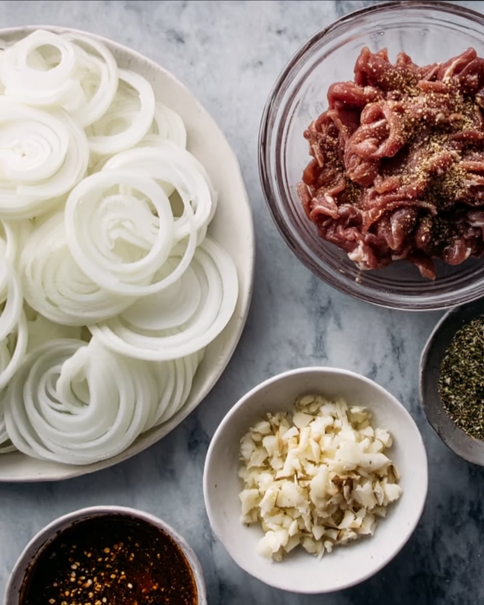 The image shows various ingredients placed on a white marbled surface. On the left side, there is a white plate filled with thin slices of white onion arranged neatly in circular layers. To the right of the plate, there is a clear glass bowl with raw, thinly sliced reddish meat mixed with seasoning. Below these, there is a white bowl filled with small pieces of minced garlic or ginger with a slightly rough texture. In the lower left corner, there is a white bowl with dark brown sauce containing visible seeds or spices. The whole setup displays fresh and raw ingredients ready for cooking, photo taken with an iphone --ar 4:5 --v 7