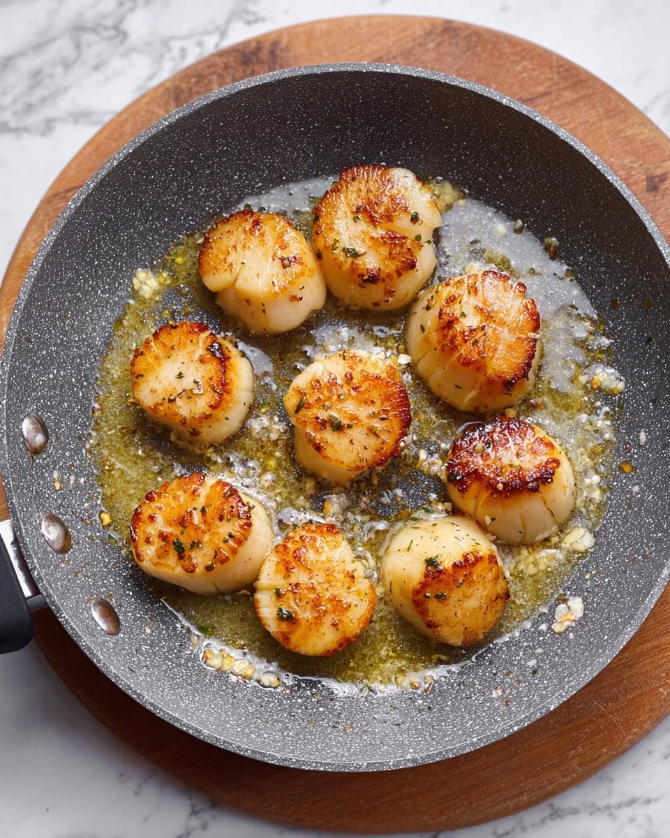 A gray speckled frying pan holds eight seared scallops arranged loosely in a circular pattern, each scallop golden brown on top with a slightly caramelized texture and sitting in melted butter that pools around them, showing a shiny, oily surface. The pan is placed on a round wooden board, and the background is a white marbled surface. photo taken with an iphone --ar 4:5 --v 7