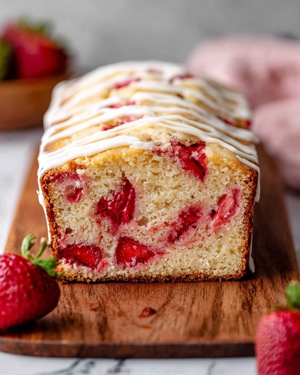 The image shows a close-up of a thick slice of strawberry cake loaf placed on a wooden board with a white marbled background. The loaf has a soft, light beige cake layer filled evenly with bright red strawberry pieces throughout. On top, there is a thin layer of white frosting drizzled in a wavy pattern. A fresh strawberry is placed on the left side of the board, adding a vibrant red color contrast. The texture of the cake appears moist and airy. Photo taken with an iphone --ar 4:5 --v 7