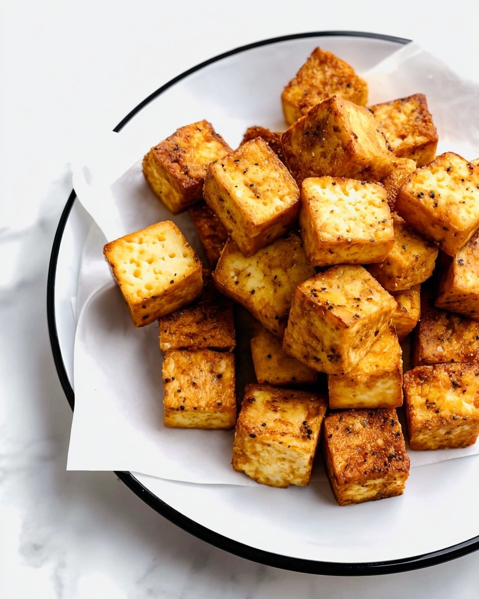 The image shows a white plate with a black rim, holding a pile of crispy tofu cubes. There are about three layers of cubes stacked loosely, each cube golden brown with a slightly rough and seasoned texture. The tofu pieces have a toasted, light yellow center visible on some sides and a darker, crunchy outer layer with small black pepper specks. Underneath the tofu, a white paper is placed, contrasting with the tofu's warm colors. The plate sits on a white marbled surface. photo taken with an iphone --ar 4:5 --v 7