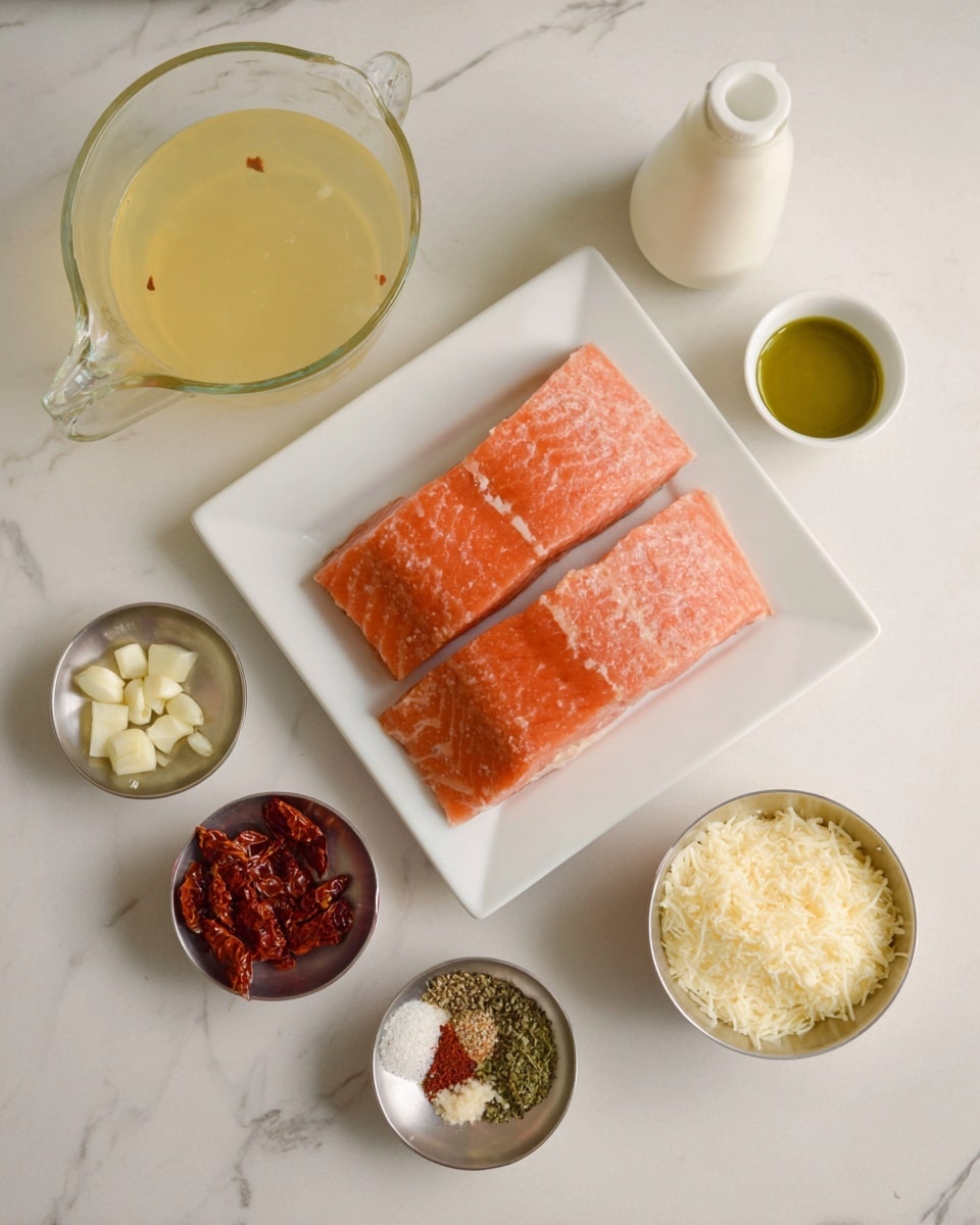 The image shows a white square plate with three pieces of pink salmon placed side by side in the center on a white marbled surface. Around the plate, there is a clear glass measuring cup filled with light yellow broth on the upper left, a small clear bottle with white cream behind the plate, and a small white cup with green oil to the right of the plate. Below, there is a small white cup filled with chopped garlic on the lower left, a small bowl with mixed dried spices containing red flakes, white granules, and green herbs slightly left of center, a silver measuring cup filled with shredded cheese, and another silver measuring cup holding reddish dried tomatoes arranged on the lower right. photo taken with an iphone --ar 4:5 --v 7