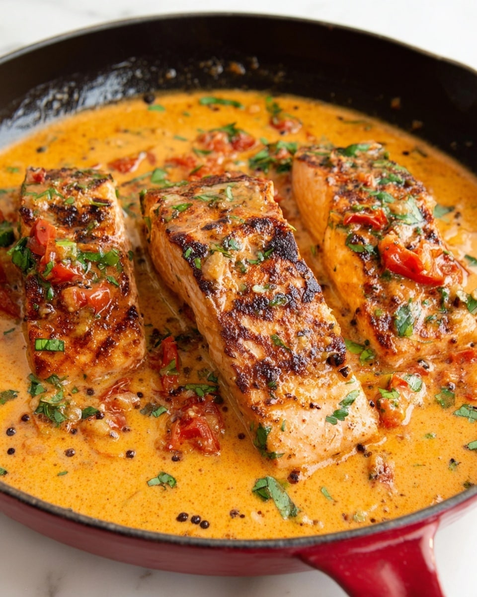 This image shows three pieces of cooked salmon with a light brown and slightly charred surface, resting in a creamy orange sauce with visible small pieces of red tomatoes and white garlic. The sauce has a thick texture with specks of black pepper and green herbs sprinkled on top. The dish is served in a red cast iron pan placed on a white marbled surface, with fresh green herbs scattered over the salmon and sauce. photo taken with an iphone --ar 4:5 --v 7