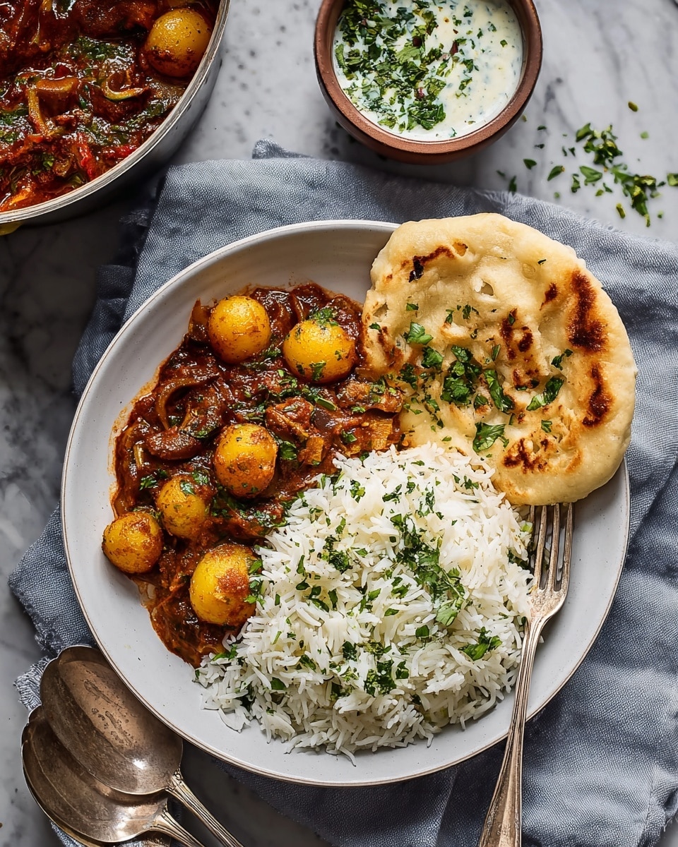 The image shows a round pan filled with a thick curry made of small, golden-yellow potatoes mixed with a rich, reddish-brown sauce that is chunky and speckled with green herbs and spices, with some visible leafy greens. The pan has two dark handles and rests on a light gray cloth over a white marbled surface. To the top left, there is a white plate topped with white fluffy rice and folded pieces of golden flatbread sprinkled with green herbs. Above the pan, a small white bowl holds chopped fresh green herbs. In the bottom right corner, there is a small ceramic bowl with creamy white yogurt garnished with herbs. The lighting is soft and natural, creating a warm and inviting feel. Photo taken with an iphone --ar 4:5 --v 7