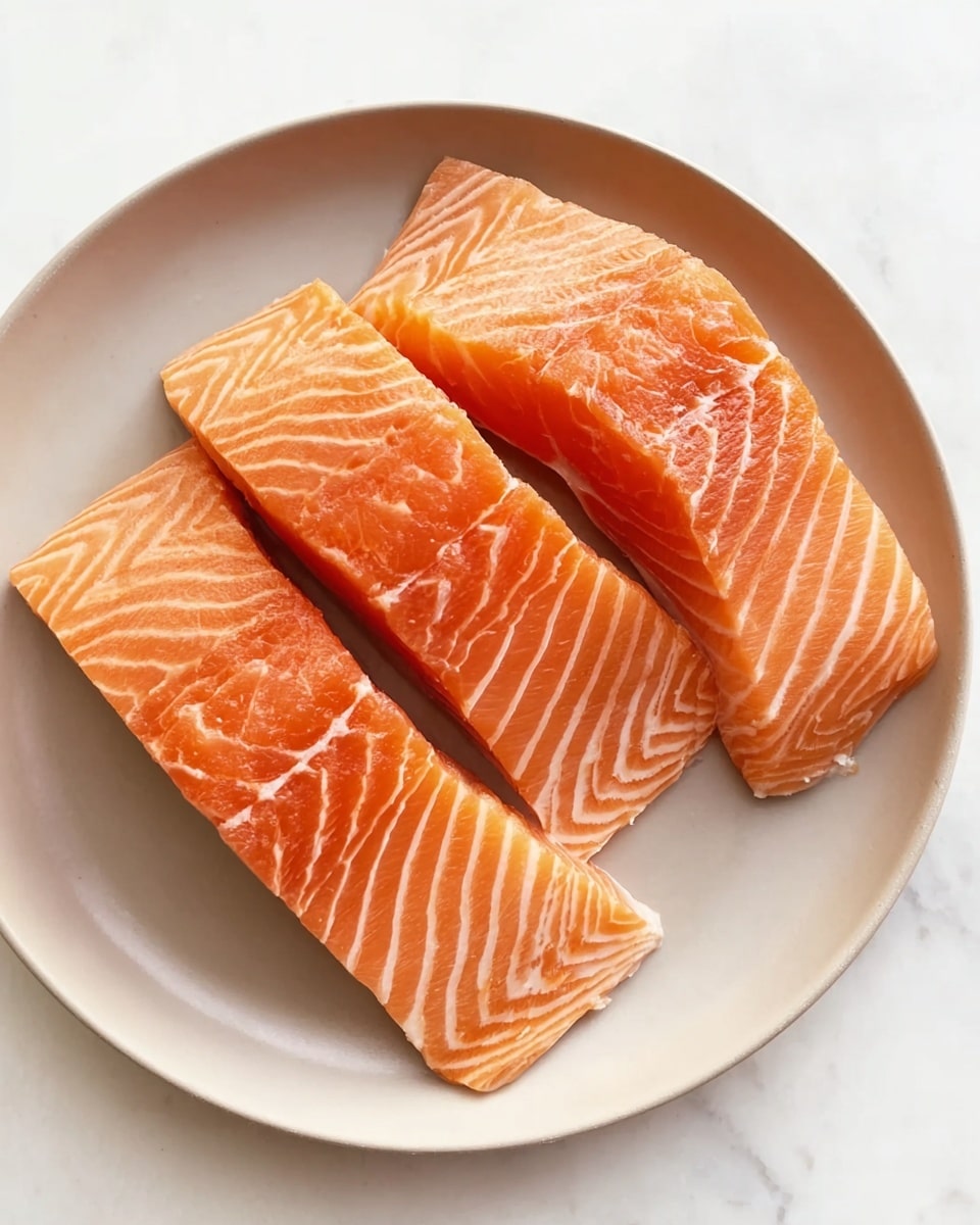 Three raw salmon fillets with bright orange color and visible white fat lines are placed on a round white plate. The fillets have a smooth texture with natural curved shapes and are arranged close to each other, slightly overlapping. The plate sits on a white marbled surface that adds a clean and simple background to the image. photo taken with an iphone --ar 4:5 --v 7