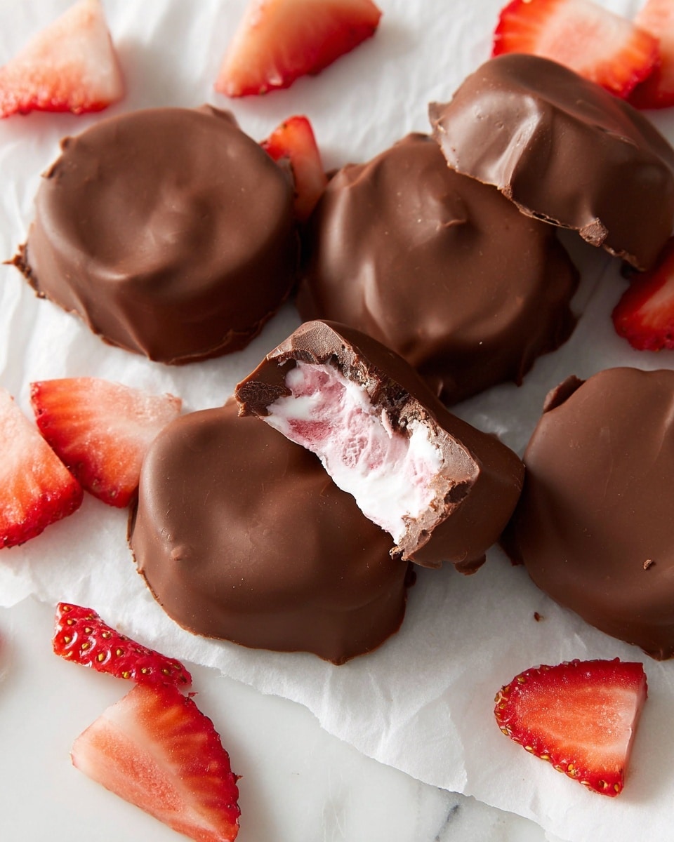 The image shows five round, uneven chocolate pieces with a smooth, slightly shiny brown surface on top of white parchment paper. One of the chocolate pieces is broken, revealing a soft, creamy pink and white filling inside. Around the chocolates are fresh strawberry halves and small diced pieces scattered across the paper. The background is a white marbled texture that brightens the scene and highlights the rich colors of the chocolate and strawberries. photo taken with an iphone --ar 4:5 --v 7