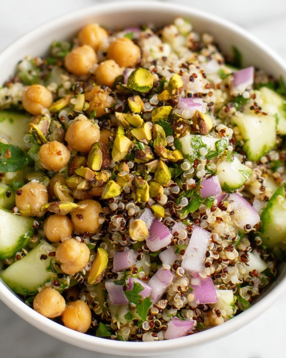 A close-up view of a mixed salad in a white bowl, showing at least four main layers: small round chickpeas, tiny white and black quinoa grains, diced light purple onion pieces, and green cucumber slices with skin. There are sprinkled small green parsley leaves and some whole brown pistachio nuts on top. The salad has a fresh, coarse texture with a mix of round, small, and chopped ingredients, all sitting together. The background is a white marbled surface. photo taken with an iphone --ar 4:5 --v 7