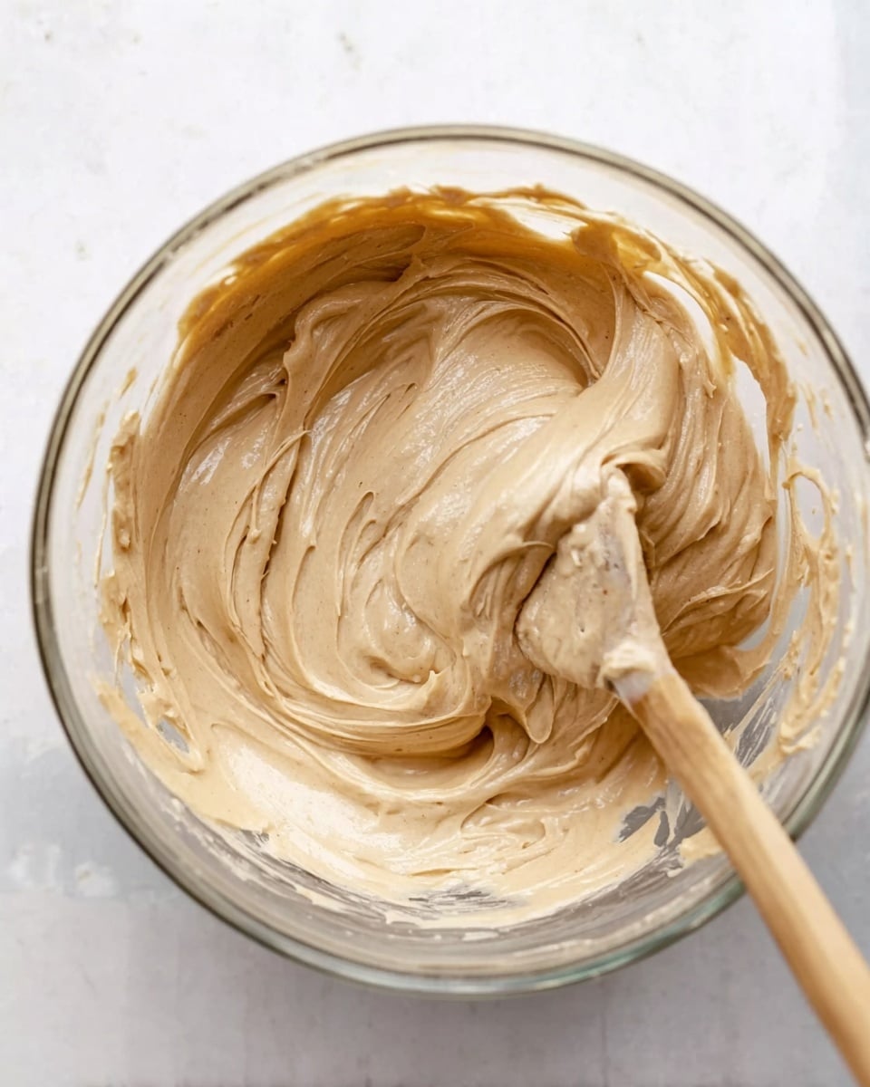 A clear glass bowl filled with a thick, creamy mixture of light brown color, showing smooth, swirled textures throughout. A wooden spoon with some of the mixture on its end rests inside the bowl on the right side, slightly digging into the mixture. The bowl sits on a white marbled surface, which provides a clean and bright background. Photo taken with an iphone --ar 4:5 --v 7