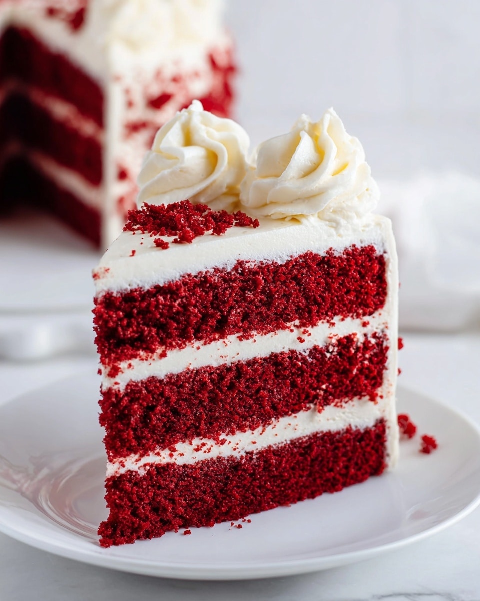 A slice of red velvet cake with three deep red layers, each separated by a smooth, thick white cream layer, sits on a glossy white plate. The top layer of cream is smoothly spread and decorated with two large, soft swirls of white whipped cream. The cake's edge shows some crumbled red cake pieces scattered lightly on top of the cream. The background is a white marbled texture with a blurred full cake in the background, also topped with white whipped cream swirls. Photo taken with an iphone --ar 4:5 --v 7
