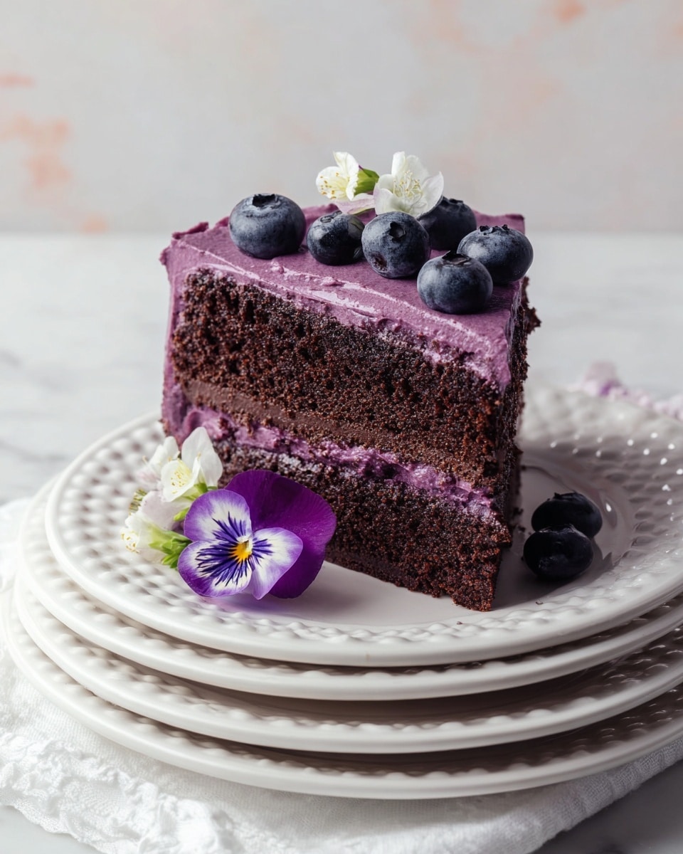 A slice of chocolate cake with two dark brown layers is topped and filled with thick purple frosting. On top of the cake, there are three whole blueberries and a small white flower with a purple center. At the base of the cake, on the white plate with a dotted edge, there is a purple and white flower. The cake sits on three stacked white plates on a white marbled background. photo taken with an iphone --ar 4:5 --v 7
