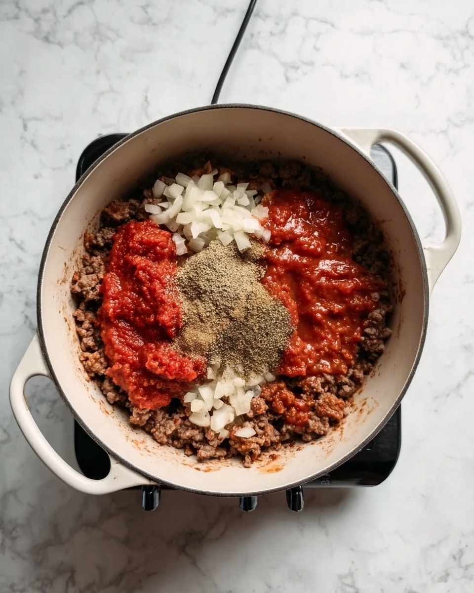 A white pot filled with cooked ground meat mixed with small pieces of onion at the bottom layer, topped with three dollops of different red tomato sauces and one pile of light brown dry spices in the middle, all sitting on a white marbled surface with a black burner visible under the pot. photo taken with an iphone --ar 4:5 --v 7