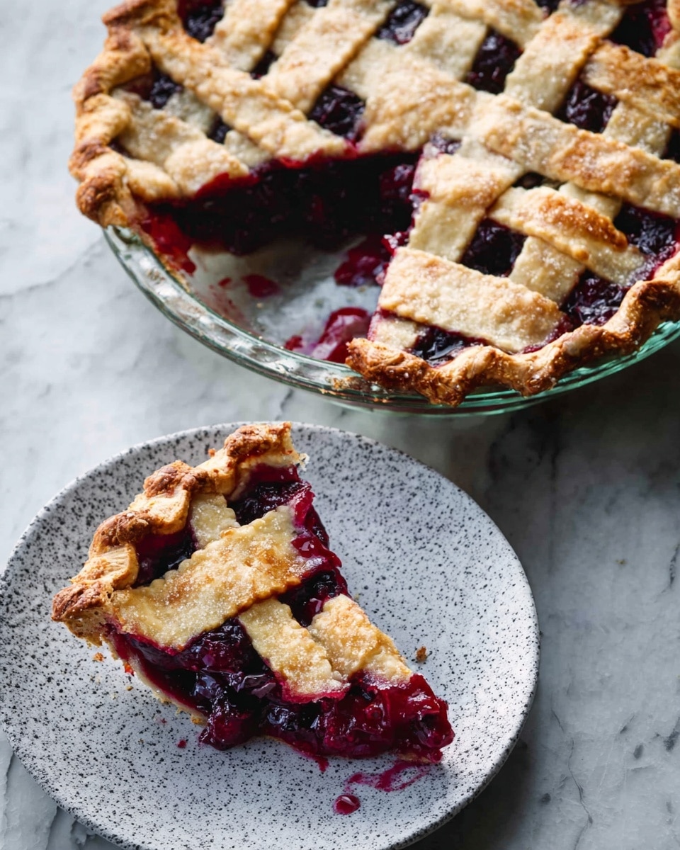 A lattice-topped berry pie with a golden-brown crust in a clear glass pie dish, showing deep red and purple berry filling beneath the woven crust strips; one slice is placed on a white plate with a speckled gray pattern, showing juicy, dark berry filling and flaky crust edges; the background is a white marbled surface. photo taken with an iphone --ar 4:5 --v 7