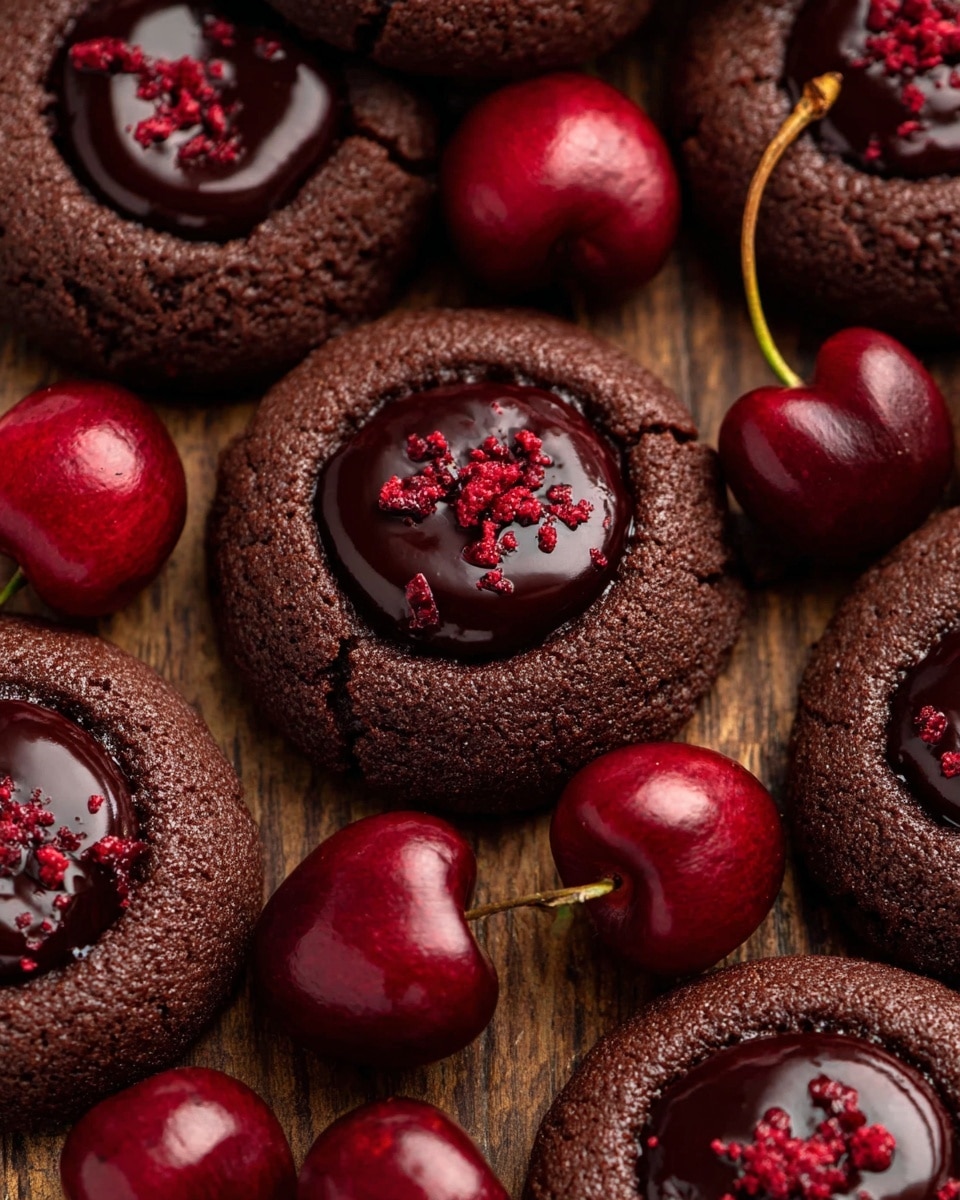 A close-up view of several dark chocolate cookies arranged on a wooden surface, each cookie has a smooth, glossy, dark chocolate filling in the center with a few small red crumbs sprinkled on top, showing a rough but soft texture for the outer cookies. Around the cookies, there are bright red cherries with shiny skins and stems, adding a fresh, juicy contrast to the rich dark colors of the cookies. The scene has a warm and inviting feeling with the mix of dark browns and deep reds filling the frame. photo taken with an iphone --ar 4:5 --v 7