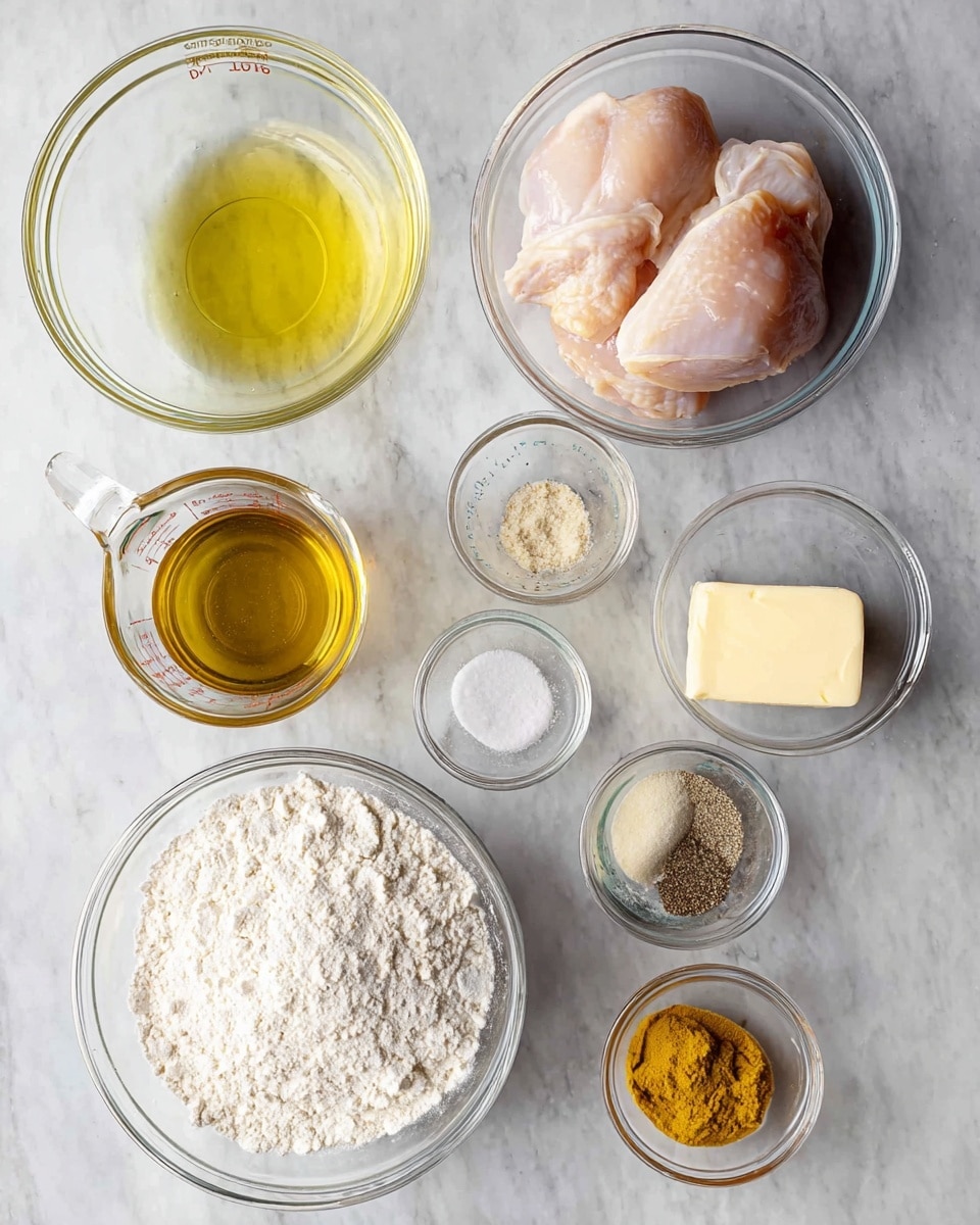 The image shows several clear glass bowls and a measuring cup arranged on a white marbled surface. At the top right, there is a bowl with two raw, pale pink chicken pieces. Next to it, on the left, a small bowl holds light yellow oil. Below this, a clear glass measuring cup contains a light golden-yellow liquid. To the right of the measuring cup, a bowl filled with white flour is placed. Above it and on the right side of the image, small glass bowls hold different ingredients: one with a pale yellow stick of butter, one with coarse white salt and black pepper, one with a mixture of light beige powders, and the last bowl has a bright yellow mustard or paste. The setup is neat, showing all ingredients separately on the white marbled surface, ready for preparation. photo taken with an iphone --ar 4:5 --v 7