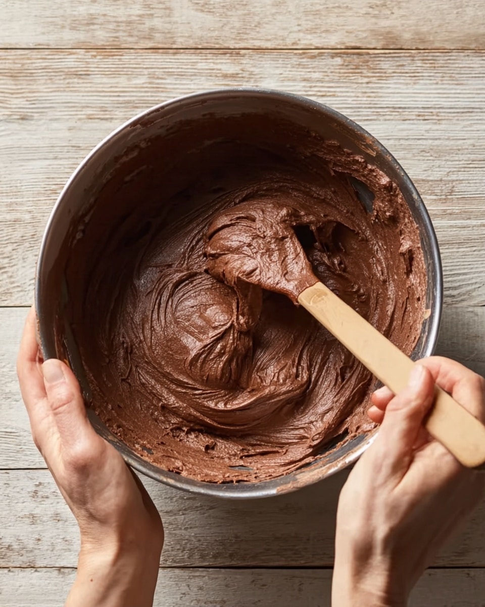 A close-up top view of two woman's hands holding a large metal bowl filled with smooth, thick chocolate batter. One woman's hand holds the bowl steady on a light wooden surface, while the other woman's hand stirs the mixture with a wooden spatula. The batter has a rich dark brown color and creamy texture, coating the spatula as it moves through the bowl. photo taken with an iphone --ar 4:5 --v 7