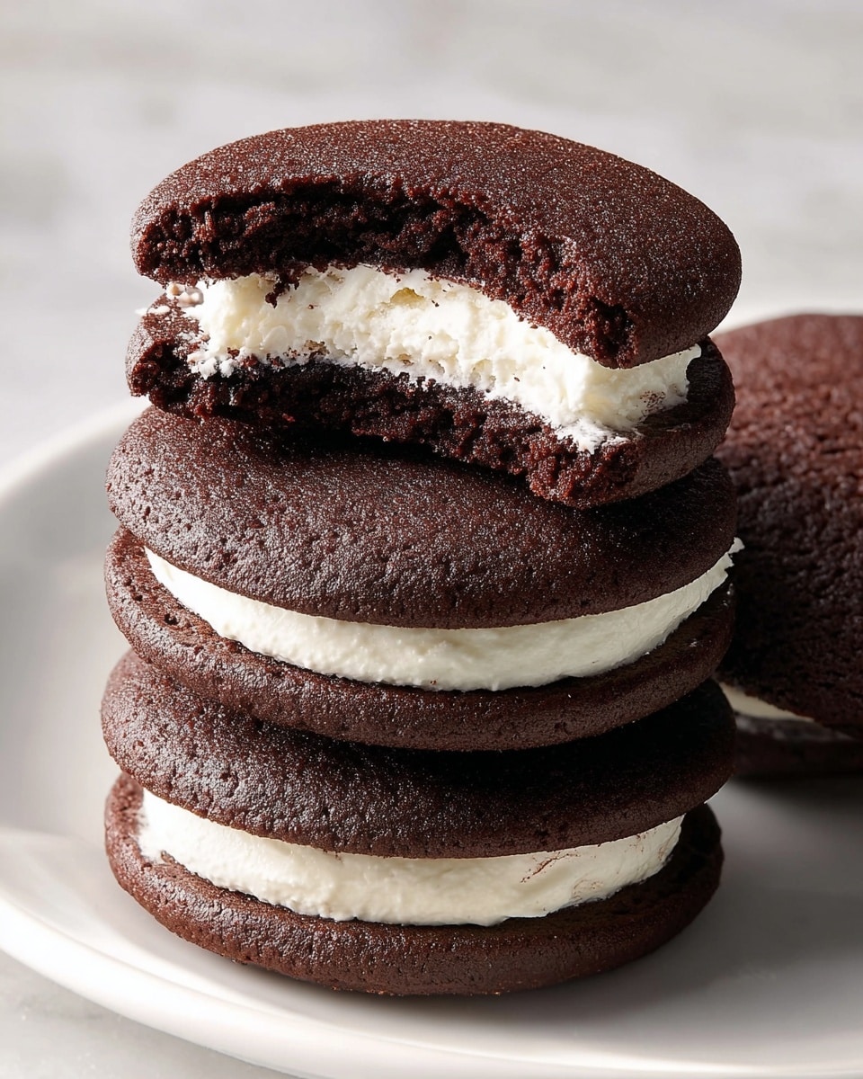 A close-up of a stack of four chocolate sandwich cookies, each made of two thick, dark brown soft cookies with a smooth white cream filling between them. The top cookie has a large bite taken out, showing the soft crumb texture of the chocolate cookie and the fluffy white cream inside. The cookies have a slightly rough surface with tiny air holes. The stack sits on a white plate, and the background features a white marbled texture. photo taken with an iphone --ar 4:5 --v 7