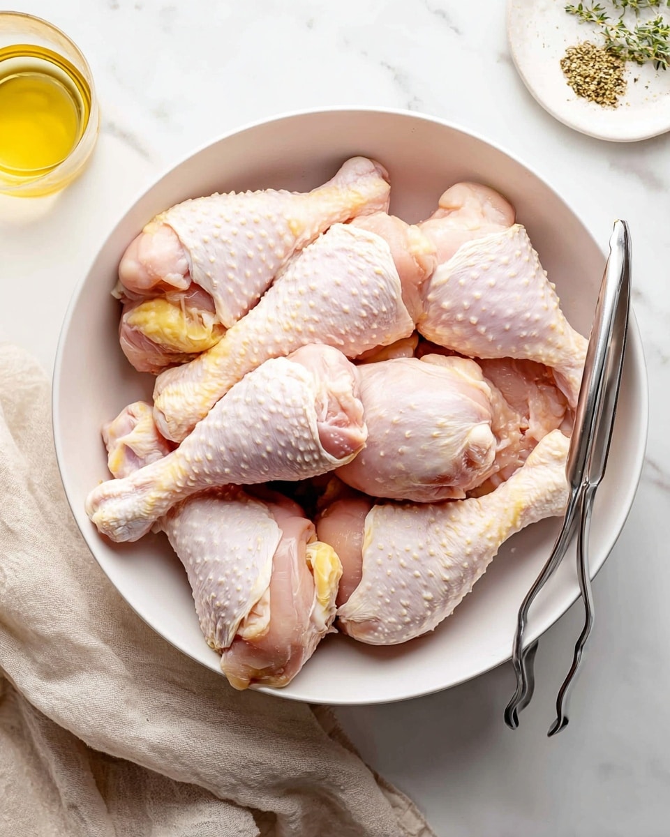 A white bowl filled with raw chicken drumsticks layered unevenly, showing pale pink skin with some parts covered in a thin layer of yellowish fat, and white tips on the bones. The drumsticks have a slightly bumpy texture from the skin and are stacked in a way that some overlap while others lean on the sides of the bowl. On the right side inside the bowl, a pair of metallic silver tongs rests partially on the chicken. The bowl sits on a white marbled surface with a soft light beige cloth beside it and a small white plate with herbs and a glass with a yellow liquid partially visible in the background. Photo taken with an iphone --ar 4:5 --v 7