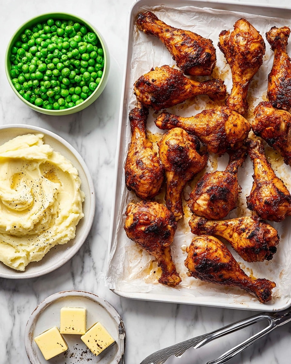The image shows a white tray with 14 golden-brown chicken drumsticks arranged in a scattered way, each drumstick having a crispy skin with dark brown spices and grill marks. To the left, there is a green bowl filled with bright green peas and a spoon inside. Below the peas, a white plate holds smooth creamy mashed potatoes topped with three small squares of butter melting in the center and some black pepper sprinkled on top. The background is a white marbled surface, and metal tongs rest on the bottom right corner of the tray. Photo taken with an iphone --ar 4:5 --v 7