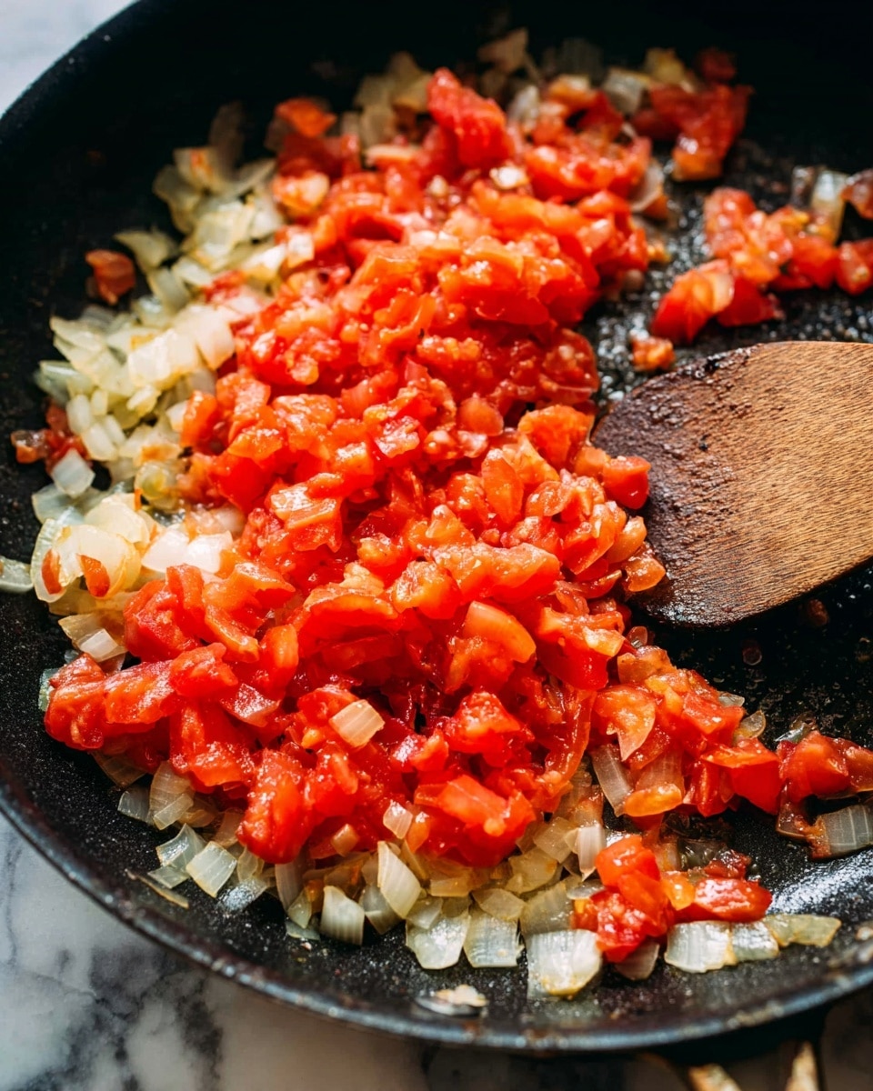 The image shows a close-up view of roughly three layers of cooked ingredients in a black frying pan. The bottom layer is made of soft diced onions, pale and golden in color with a slightly translucent texture. The middle and top layers feature bright red, cooked tomato pieces that look soft with some juices visible. On the right edge of the pan lies a round wooden spoon with a smooth worn surface, partially resting on the food. The background is a white marbled texture. Photo taken with an iphone --ar 4:5 --v 7