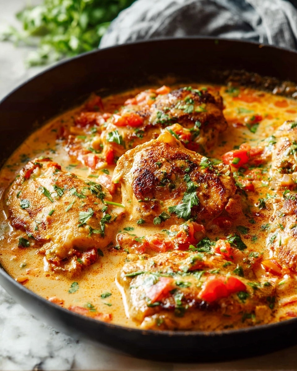 The image shows a close-up of a black pan filled with several pieces of cooked chicken in a thick creamy sauce. The sauce is light orange with visible chunks of red tomatoes and small green herbs spread on top for garnish. The chicken pieces have a golden brown, slightly crispy texture. The pan sits on a white marbled surface with a grey cloth and some green herbs blurred in the background. The dish looks warm and rich, with the sauce covering most of the chicken and small splashes of sauce around the pan's edge. Photo taken with an iphone --ar 4:5 --v 7