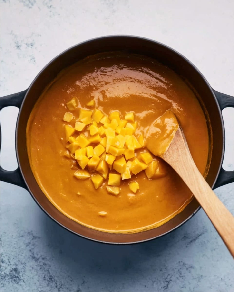 A black pot filled with a thick, smooth orange sauce with some small chunks visible inside, topped with a pile of bright yellow diced pieces in the center. A light wooden spoon is inside the pot on the right side, partially covered with the sauce. The pot is placed on a white marbled surface. Photo taken with an iphone --ar 4:5 --v 7