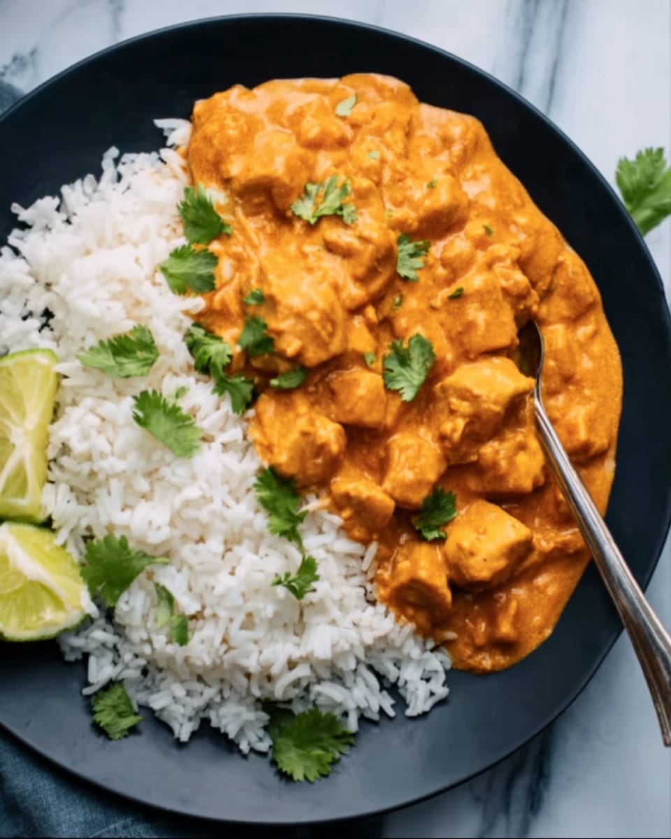 A black plate holds a serving of white rice covering half the plate on the left side, with an orange creamy curry filled with small cubes of chicken and possibly potatoes layered thickly on the right side. The curry layer has a smooth, rich texture and is topped near the edge with some bright green fresh cilantro leaves and a wedge of lime. A silver fork is resting on the plate near the top right corner, partially in the curry. The plate is set on a white marbled surface. Photo taken with an iphone --ar 4:5 --v 7