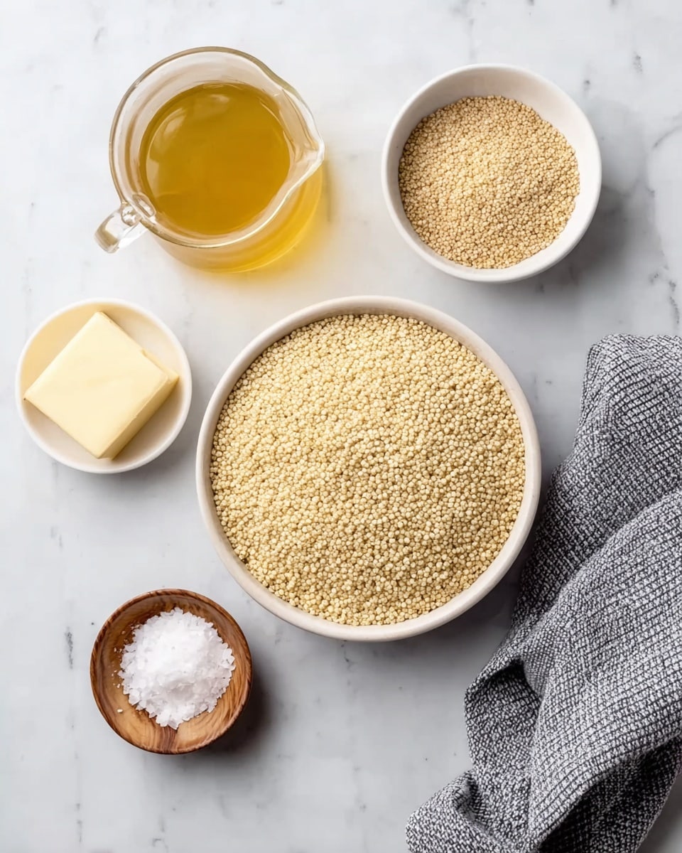 The image shows five containers with cooking ingredients arranged on a white marbled surface. In the center, a large white bowl filled with pale tan quinoa grains takes focus. Above it to the left, a clear glass jug holds a golden yellow liquid, likely broth. To the right of the large bowl, a smaller white bowl contains light brown granulated seasoning. Below this bowl, another small white bowl has a square piece of pale yellow butter. At the bottom left of the image, a small wooden bowl holds white salt crystals. A folded gray and white checkered cloth is placed on the left side of the setup. photo taken with an iphone --ar 4:5 --v 7