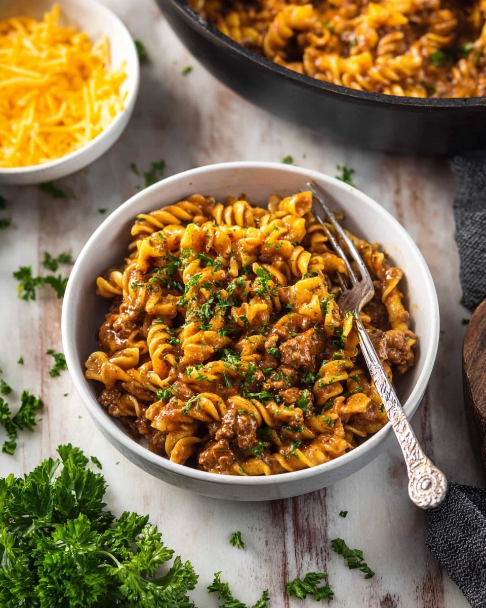 A white bowl filled with three layers of creamy pasta mixed with small chunks of meat, showing a rich golden-brown sauce coating the spiral noodles, topped with chopped green parsley scattered through all layers. A silver fork rests inside the bowl, its handle slightly decorated. Around the bowl, fresh green parsley pieces lie on a white marbled surface, along with a white bowl filled with bright yellow shredded cheese and a black pan filled with more of the same pasta in the background. photo taken with an iphone --ar 4:5 --v 7